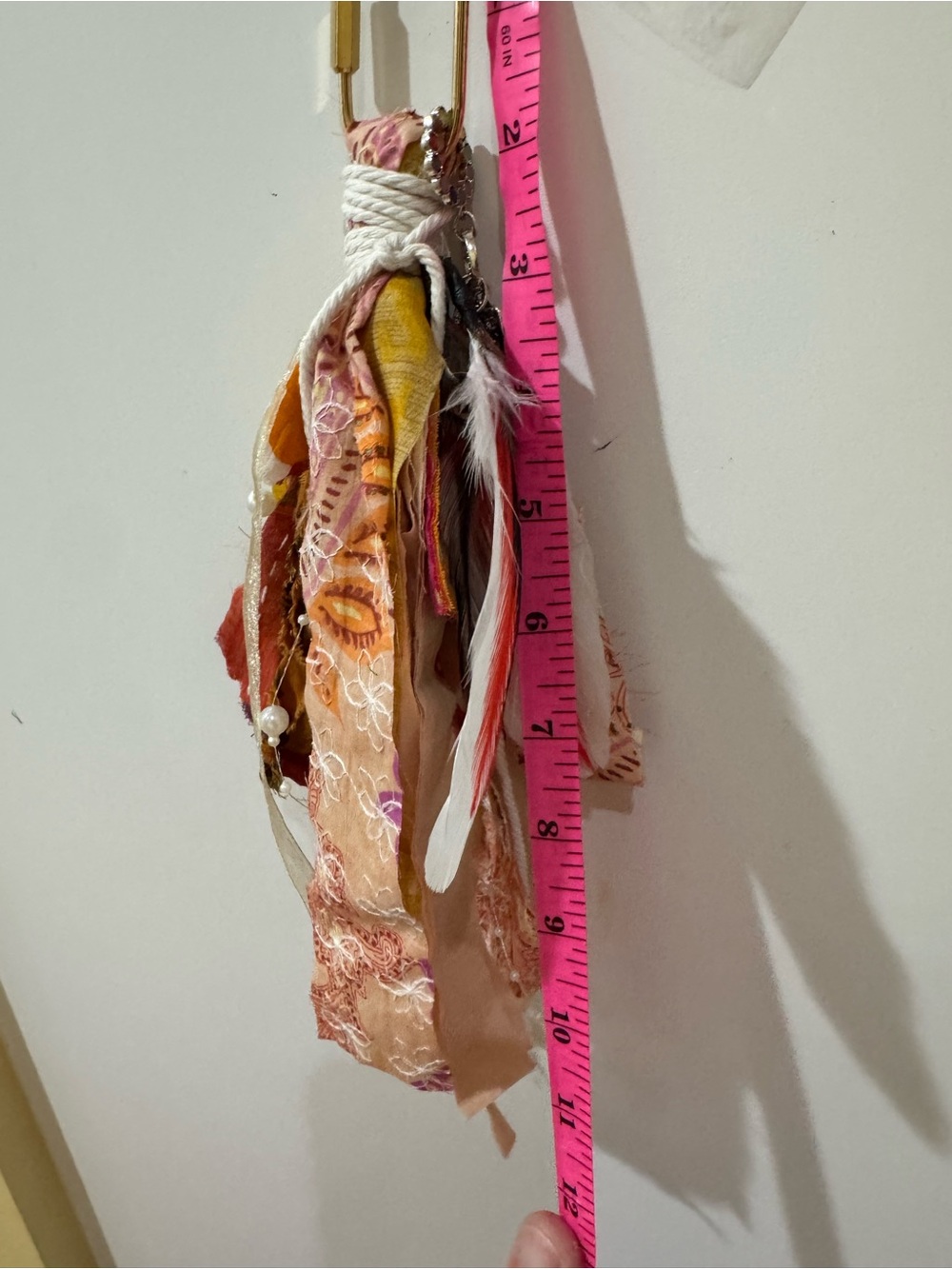 Boho Fabric & Feather Keychain Cluster in Pink, Yellow, Cream